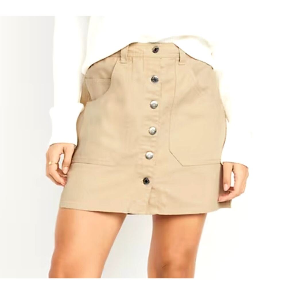 Old Navy Mid-Rise Utility Mini Skirt Beige Tan Button Down Patch Pockets Sz 16